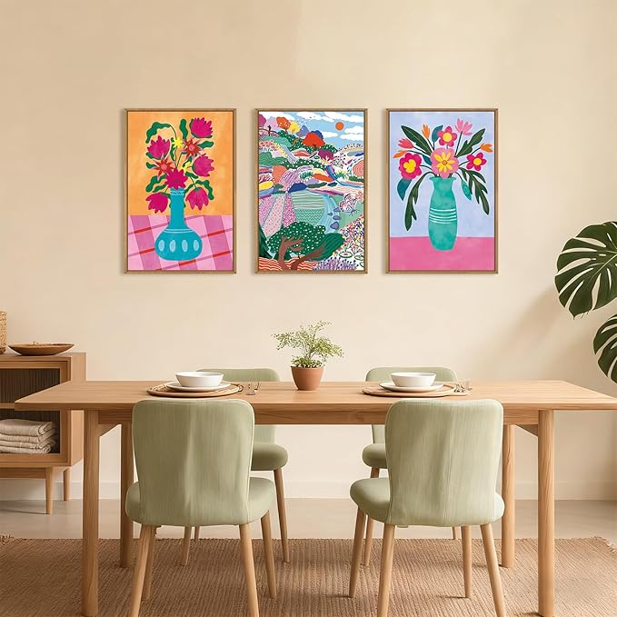 HOURIA Colorful Flower Field Landscape Framed Canvas Wall Art Set,Abstract Pink Floral Vase Wall Decor,Natural Botanical Tree Artwork,Modern Sunrise Art Prints for Living Room,Farmhouse-16 x24 x3