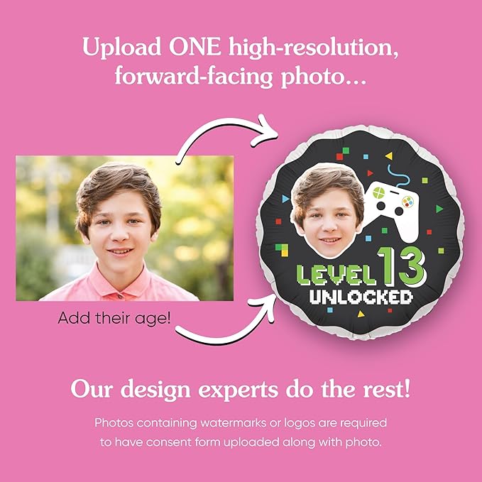 Big Dot of Happiness Personalized Game Zone Fun Face Photo Balloon, Pixel Video Game Birthday Party Decoration, Custom Age Double-Sided Circle Mylar, 1 Piece