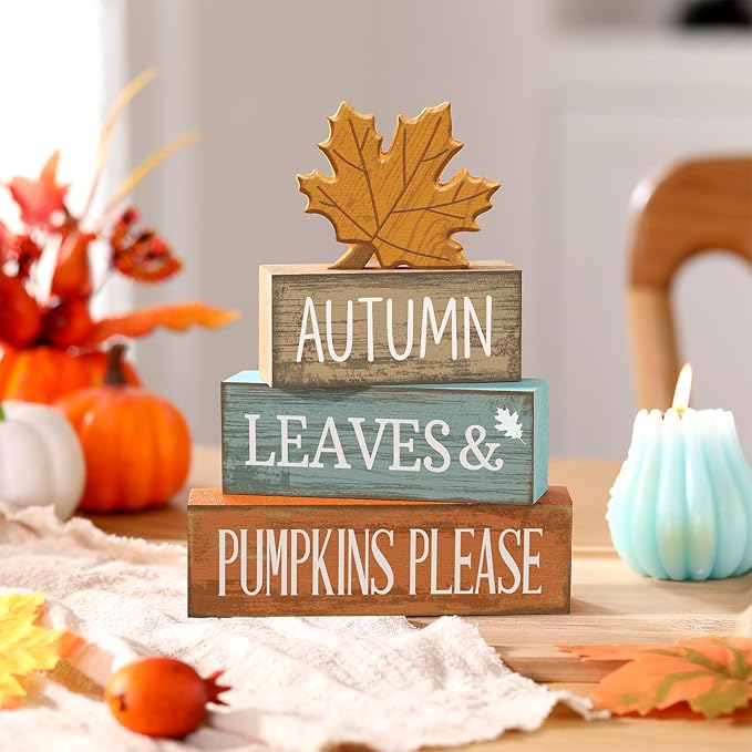 4 Pcs Thanksgiving Decorations for Home Fall Decor Wooden Maple Leaf Thanksgiving Table Centerpiece Fall Tiered Tray Rustic Wood Maple Leaf Block Sign Farmhouse for Home Kitchen Shelf
