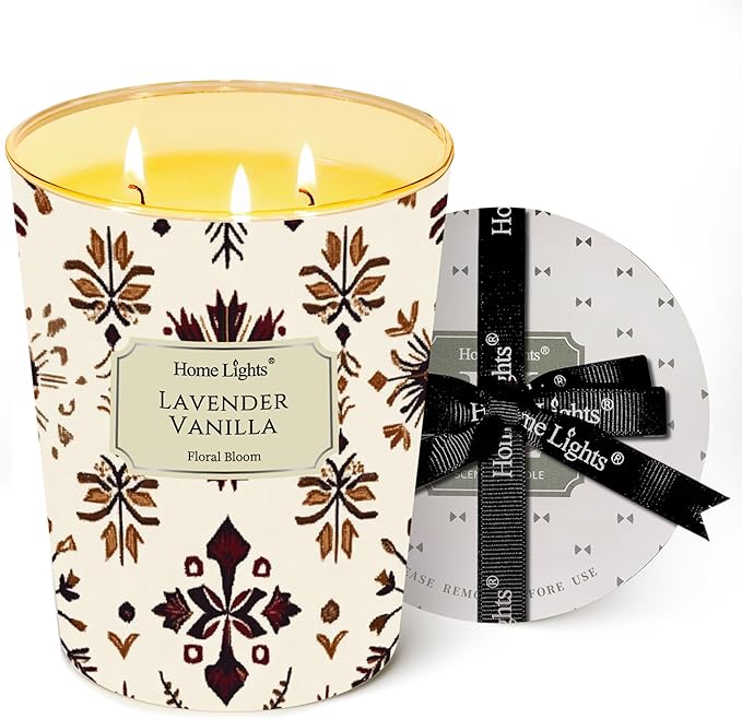 HomeLights Large jar Candle | 3-Wick Long-Lasting Scented Candles, 34oz Natural Soy Wax Candle for Home Scented, Bohemian Natural Textures Gifts for Women & Men, Lavender Vanilla