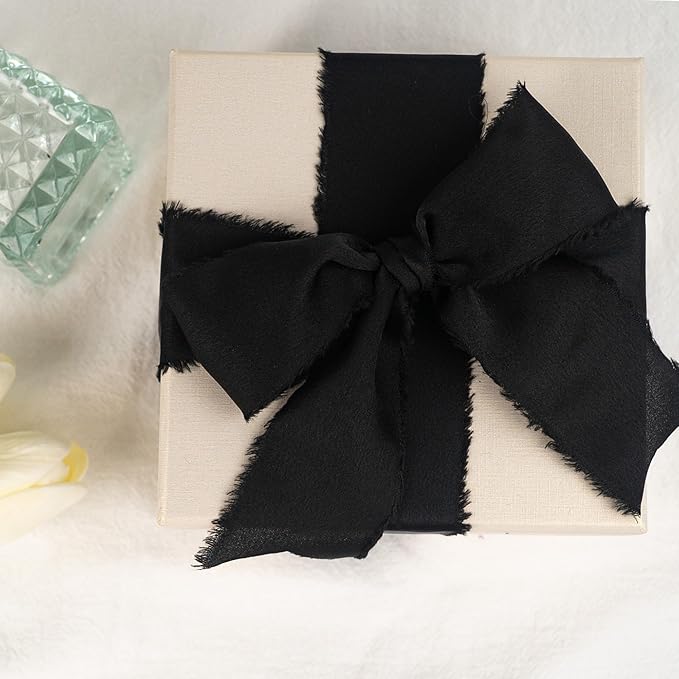 Satin Silk Ribbon, Black Ribbon for Wrapping, 1-1/2 inch x 15 Yd Handmade Frayed Fringe Ribbon, for Wedding Engagement Birthday Showers Crafts Flower Bouquet Invitation Decor, 3 Rolls