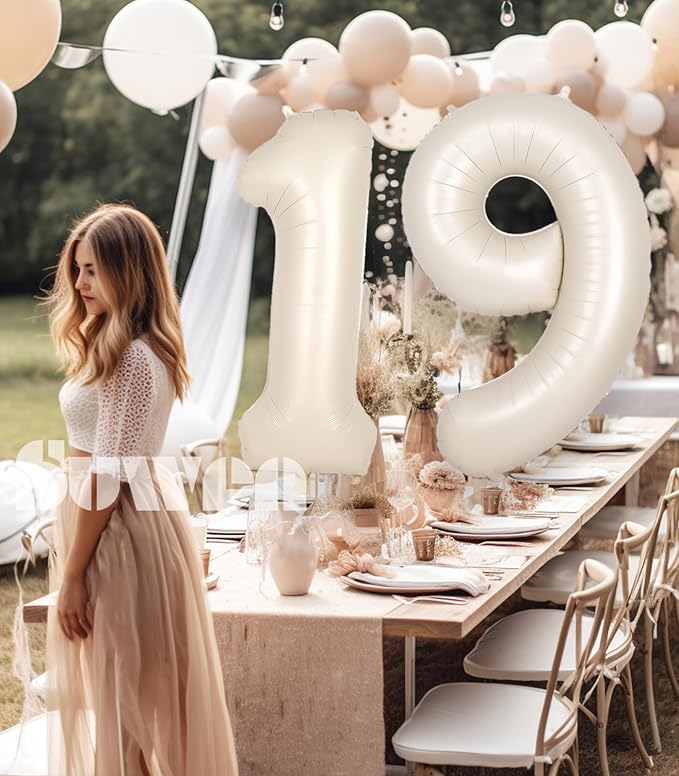 SUWEN 40 Inch Cream White Large 19 Number Balloons Big Foil Helium Number Balloons 0-9 Jumbo Happy 19th Mylar Birthday Party Decorations for Boy or Girl 91 Anniversary Party Supplies