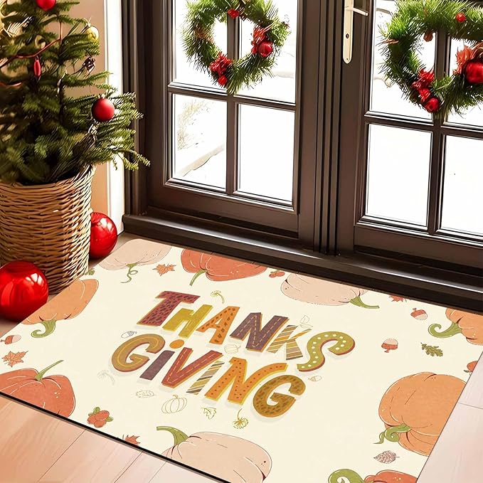 Fall Welcome Maple Leafs Decorative Door Mat, Autumn Thanksgiving Doormat for Indoor Outdoor Entrance Floor Mats,Fall Pumpkins Non Slip Harvest Vintage Decor Rubber Welcome Mats 16" x 24" Inch