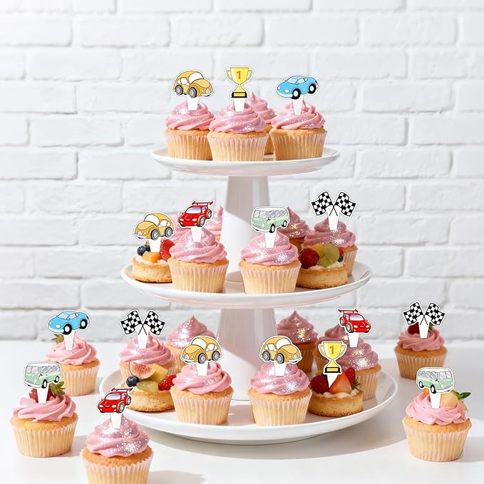24pcs Car Cupcake Toppers, Race Car Birthday Party Supplies Black White Checkered Flag Cake Decorations Racing Theme Party Favors for Boys Kids