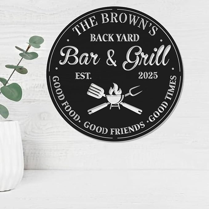 BBQ Metal Sign – Customized Grill Name Plaque for Outdoor Kitchen, Backyard Bar, Patio, Man Cave, Smoker Shed, Birthday Gift for Men, Dad’s Beer & Grilling Station, Housewarming Decoration