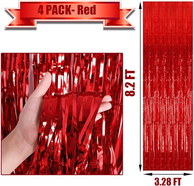 4 Pack Red Foil Fringe Curtain Backdrop, 3.2Ft x 9.8Ft Metallic Tinsel Foil Fringe Streamers Curtains for Party, Photo Booth Props, Birthday, Wedding, Christmas Party Decoration Supplies