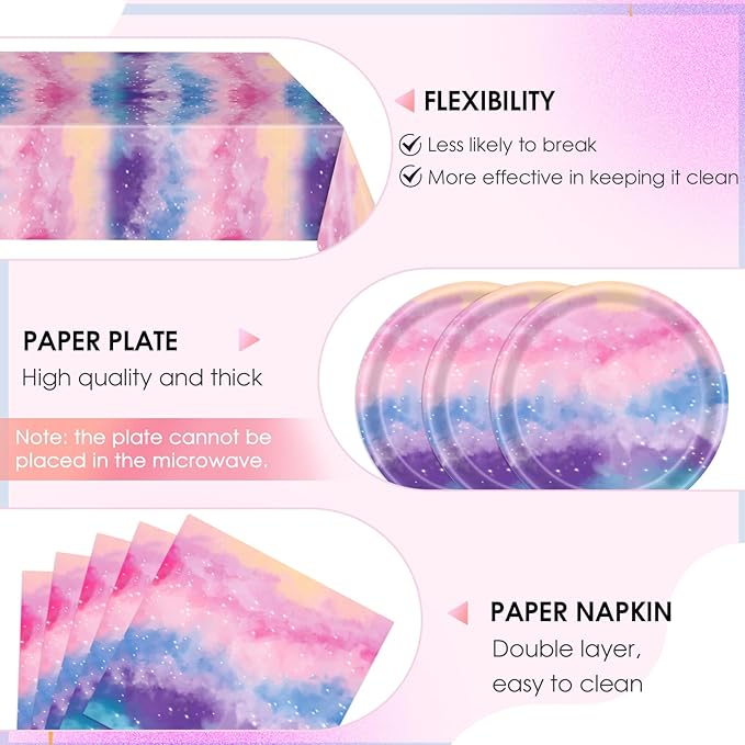 41Pcs Outer Space Galaxy Party Decorations Tie Dye Starry Sky Theme Tableware Psychedelic Mysterious Nebula Plate,Napkin,Tablecloth丨Starry Night Sky Universe Birthday Baby Shower Decor| Serves 20