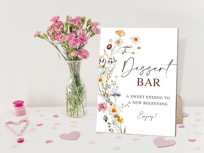 Flower Dessert Table Sign, Wedding Decorations for Reception, Bridal Shower Party Decor, Table Centerpieces for Party, Wedding Guest Gifts, 6X8 Inch Wooden Bridal Shower Signs with Stand, 6