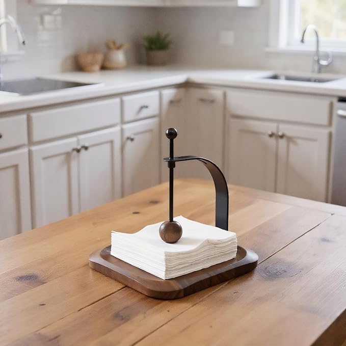 Walnut Wood Napkin Holder for Table,Elegant Wooden Square for Table Dispenser with Weighted,Suitable for Kitchen Restaurant Bar Office Parties Home Décor Hotel Cafe (Walnut)