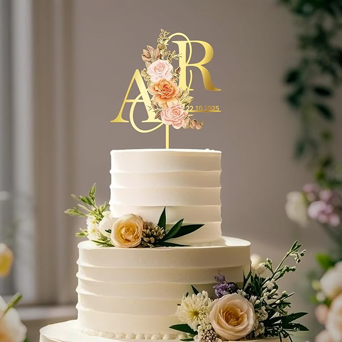 Personalized Fall Wedding Cake Topper in Acrylic Custom Bride and Groom Initial Cake Topper Wedding Date Cake Decoration (Fall Flowers)