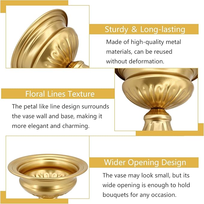 Gold Compote Vases for Centerpieces: Wedding Flower Vase for Tables 6.5 Inch Small Metal Urn Pedestal Bowl for Party Anniversary Event Home Decor Set of 10