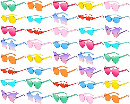 40 Mixed Style Rimless Sunglasses Retro Colored Party Glasses Funny Rimless Pool Bachelor Costume Accessories