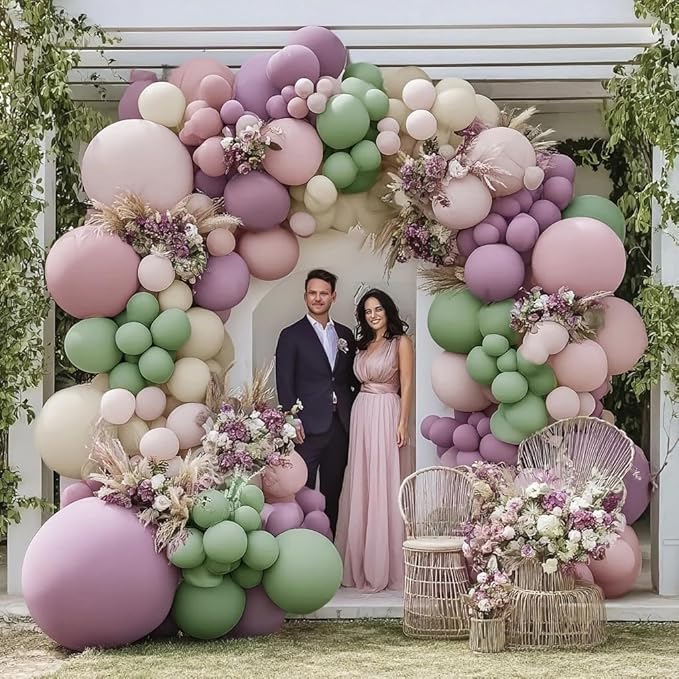 Dusty Green Purple Balloon Garland Double Stuffed Pastel Green Lavender Pink White Sand Balloon Arch Kit Light Lilac Cream Balloons for Baby Shower Birthday Wedding Flower Fairy Party Decor