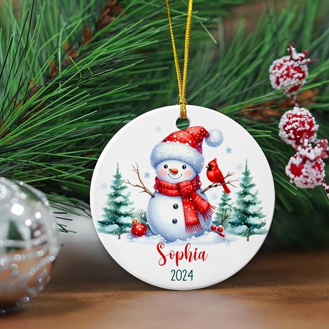 Personalized Snowman Christmas Ornament, Custom Name & Year, Snowman with Red Cardinal, Keepsakes Gifts for Family, Kids, Occasion: Christmas