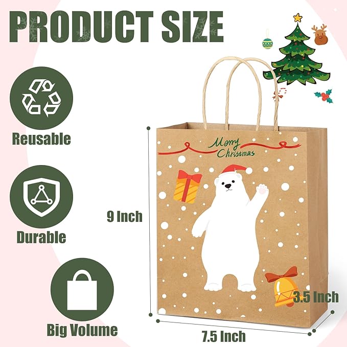 XPCARE 28 Pack Christmas Kraft Gift Bags with Handles, 9x7.5x3.5, Perfect for Holidays, Parties and Presents