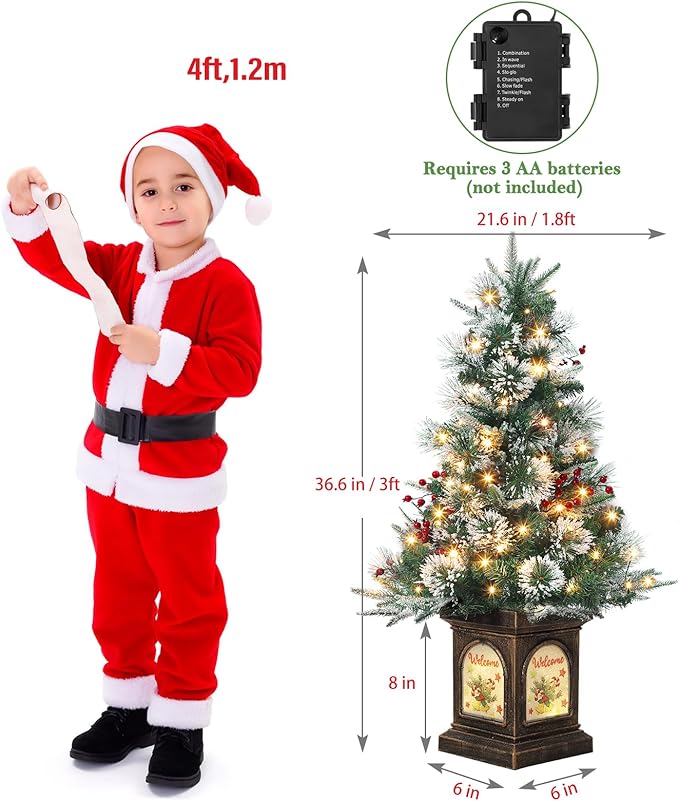 3 ft Prelit Premium Snow Flocked Artificial Christmas Tree with 8 Mode Warm White Led, Mini Prelit Xmas Pine Tree for Christmas Decoration,Yard,Home,Office,Outdoor,Indoor