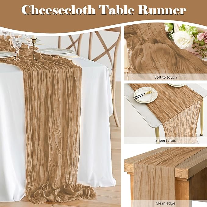 2 Pack 10 Ft Cheesecloth Table Runner Brown Gauze Long Table Runners Boho Gauze Cheese Cloth Table Runner Rustic Sheer Runner for Wedding Party Table Decor ( 35 x 120 Inch )