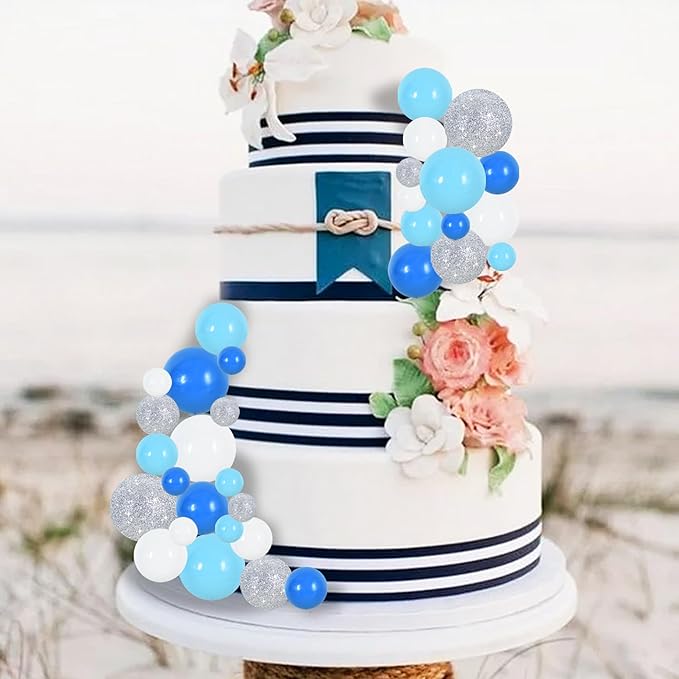 BEISHIDA 40 Pcs Foam Ball Cake Toppers with Sticks Mini Cake Decorations for Birthdays, Boys Party, Baby Showers, DIY Baking Supplies, Winter Party (Blue，White，Silver)