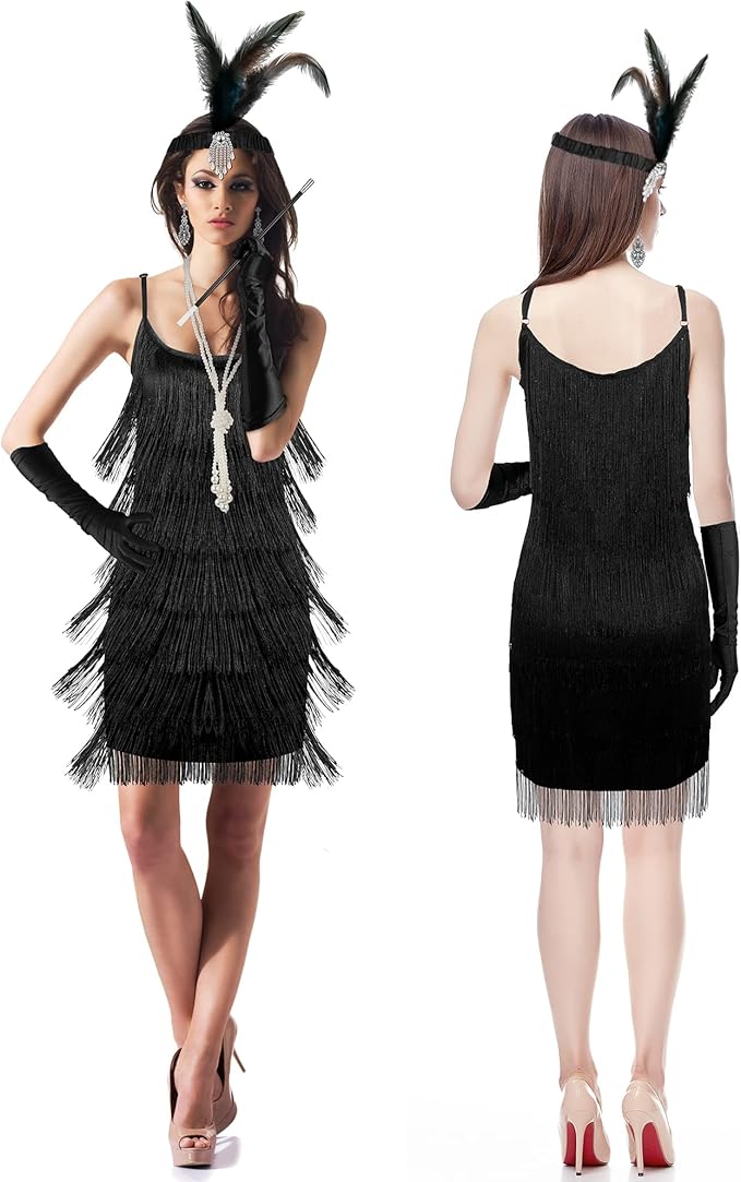 Zhanmai 6 Pcs Flapper Dress Flapper Costumes for Women 1920s Accessories Set Headband Pearl Necklace Earrings Gloves Stick