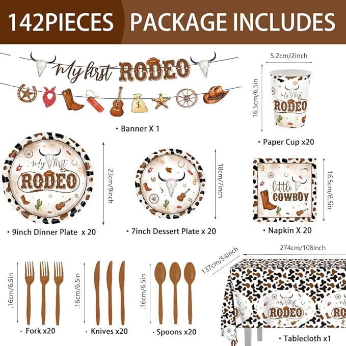 142 Pcs Western Cowboy Tableware 1st Rodeo Birthday Party Decorations Blue My First Rodeo Decorations for Boy