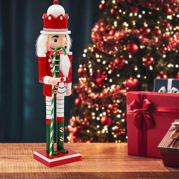 14" Wooden Candycane Nutcracker, Festive Christmas Decoration, Handcrafted Candycane Themed Nutcracker Collectible Christmas Decor for Tabletop, Shelves, and Fireplace Mantel(Candycane)