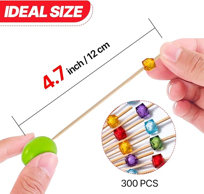 PuTwo Cocktail Toothpicks 300 Counts Cocktail Picks Handmade Natural Bamboo Cocktail Sticks with Cube Beads End Eco-Friendly Appetizer Skewers for Cocktail Appetizers Fruits Dessert - Multicolor