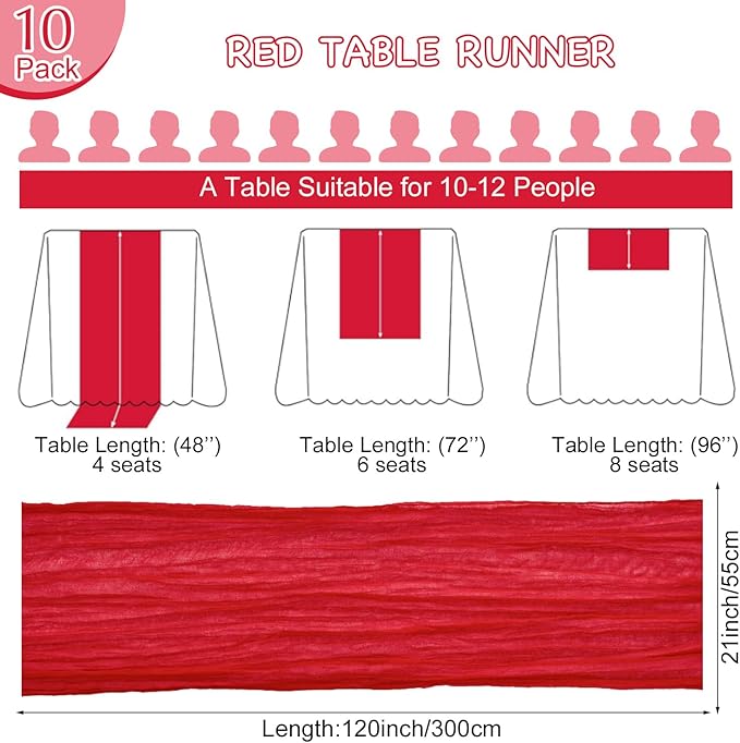 10 Pack Red Table Runner 120 Inch Cheesecloth Table Runner 10FT Rustic Boho Gauze Table Runner Long Cheese Cloth Table Runner Semi Sheer Runners for Wedding Bridal Baby Shower Party