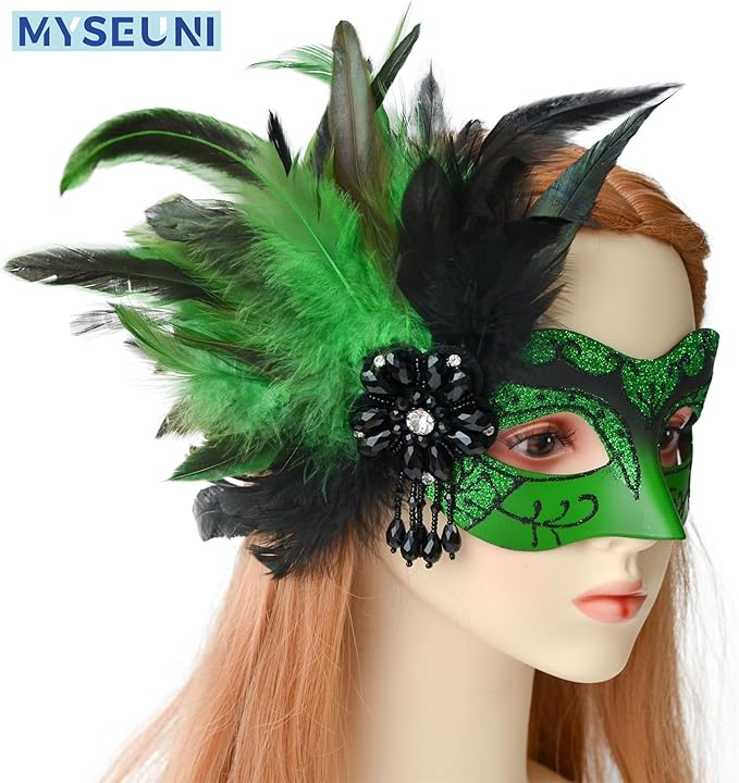 2025 New Green Masquerade Masks for Women with Feathers - Mardi Gras Masks for Women - Mascarade Venetian Mask for Masquerade Party, Halloween Cosplay Prom, Christmas,Birthday