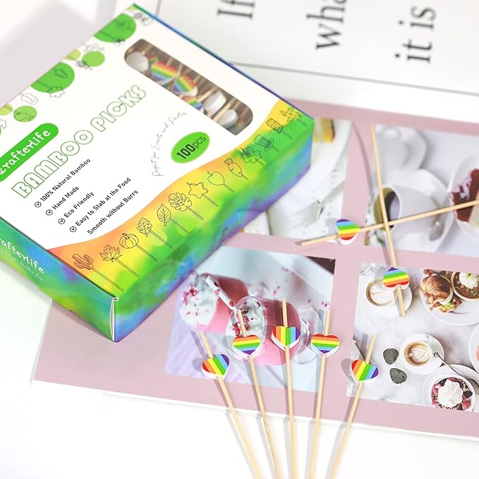 Rainbow Color Love Heart Cocktail Picks Rainbows Stripe Decoration Toothpick Drinks Fruit Dessert Sticks Food Sandwich Appetizer Charcuterie Skewer for LGBT Pride Decorations Party Supplies
