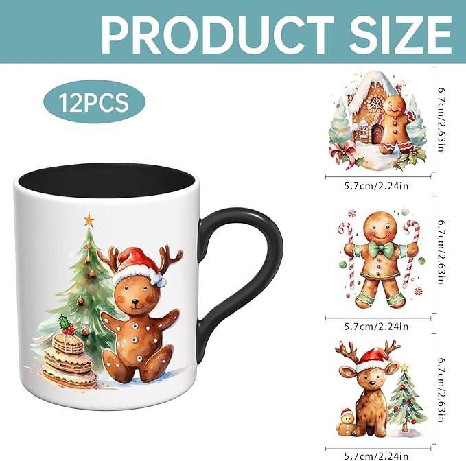 UV DTF Stickers - 12 Sheets Gingerbread Man UV DTF Cup Wrap for Coffee Mugs Glass, DIY Decals for Tumblers, Waterproof Rub on Transfers for Crafts