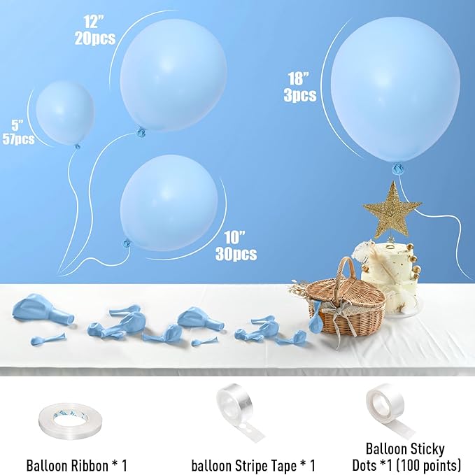 Pastel Blue Balloons 113 Pcs, Light Baby Blue Latex Balloon Arch Garland Kit 18 12 10 5 Inch, Different Sizes Macaron Pale Blue Helium Party Balloons for Birthday Baby Shower Wedding Party Decorations