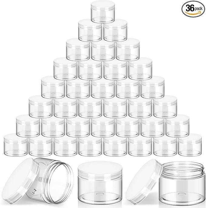 SATINIOR 36 Pieces 2 oz Plastic Jars with Lids Wide Mouth Airtight Reusable Container Acrylic Cosmetic Small Jars for Lotions Ointments Travel Toiletries Creams Make up Storage(Clear)