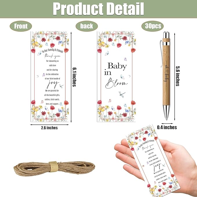 Toerifer 30 Pcs Baby Shower Favor for Guests Gifts Sets Included Bamboo Pens Greeting Thank You Cards Gender Reveal Souvenirs Prizes Baby in Bloom Gender Reveal Decorations