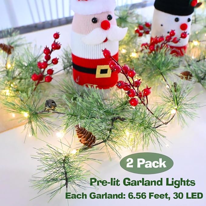 2Pack Christmas Garland with LED Fairy Lights 13FT Battery Operated Smokey Pine Garlands with 8 Flash Modes and Timer Red Berries Bells Pine Cones Green Garland Rustic Garlands for Xmas Holiday Home