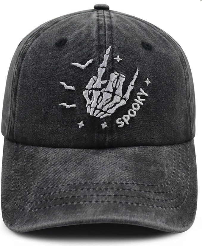 Halloween Spooky Hat for Men Women, Funny Adjustable Cotton Embroidered Skeleton Hand Baseball Cap