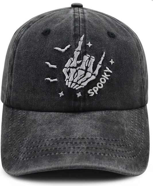Halloween Spooky Hat for Men Women, Funny Adjustable Cotton Embroidered Skeleton Hand Baseball Cap