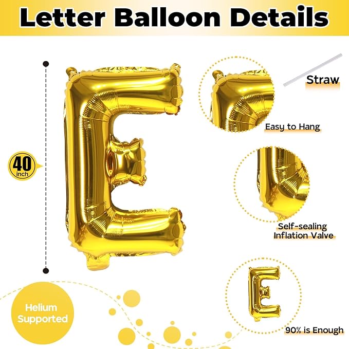Large Custom Balloon Letters E, 40 Inch Helium Alphabet Word Balloons Decor, Big Self Inflating Foil A-Z Gold Letter Name Balloons for Boys Women Birthday Anniversary Party Decorations Supplies