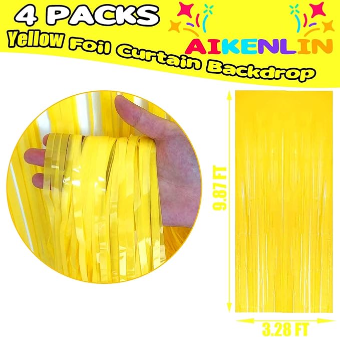 4 Pack Macaron Yellow Foil Fringe Curtain Backdrop, 3.2Ft x 9.8Ft Metallic Tinsel Foil Fringe Streamers Curtains for Party, Photo Booth Prop, Birthday, Wedding, Christmas Party Decoration Supplies