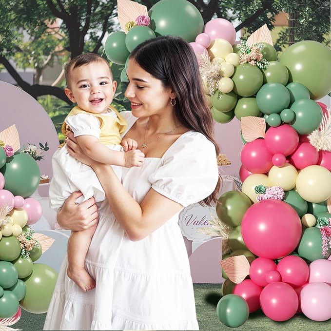 Pink Green Yellow Balloon Garland Kit, Dusty Green Hot Pink Olive Balloons Pastel Pink Yellow Balloon Arch Kit for Wedding Baby Shower Flower Theme Birthday Party Decoration