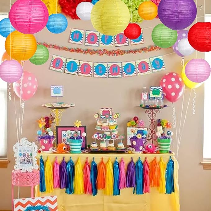Paper Lanterns Decorative, Round Hanging Paper Lanterns for Wedding Rainbow Birthday Party Mexican Fiesta Decorations Colorful 15pcs