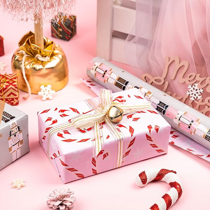 WRAPAHOLIC Reversible Nutcracker Christmas Wrapping Paper - Mini Roll - 17 Inch x 33 Feet - Nutcracker and Candy Cane Design Printed on Pearlized Paper for Chrsitmas, Holiday, Party Celebration