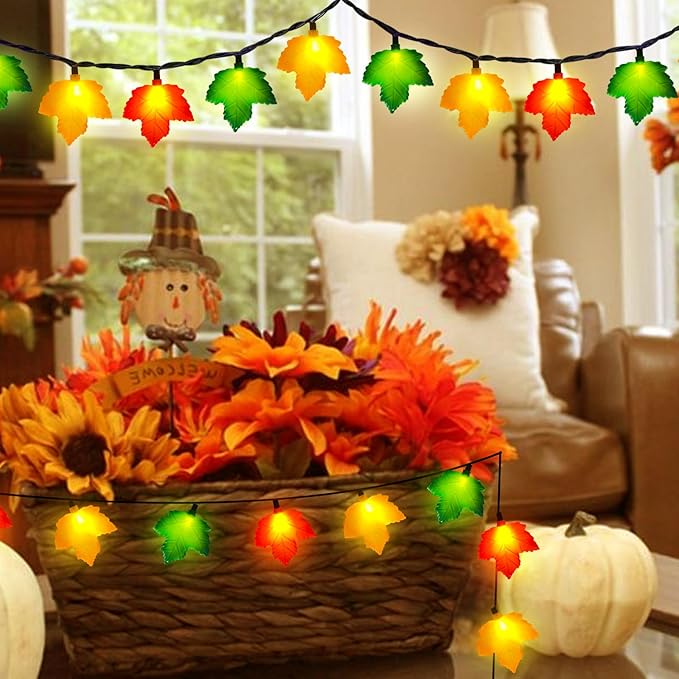 Fall Maple Leaf String, 8.5FT Outdoor Fall Lights with 10 LED Multicolor Maple Leaves Light Plug in Fall String Lights for Autumn Home, Kitchen, Table, Home, Mantel and Thanksgiving Decorcoration