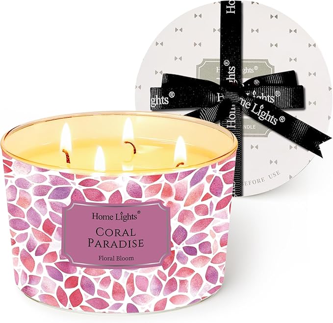 HomeLights Coral Paradise Scented Candles | 18oz Soy Candles Bohemian Natural Textures 4-Wick Large Candle Jars | Ideal Candle Gifts for Events, Home Decor Stress, Relief & Relaxation