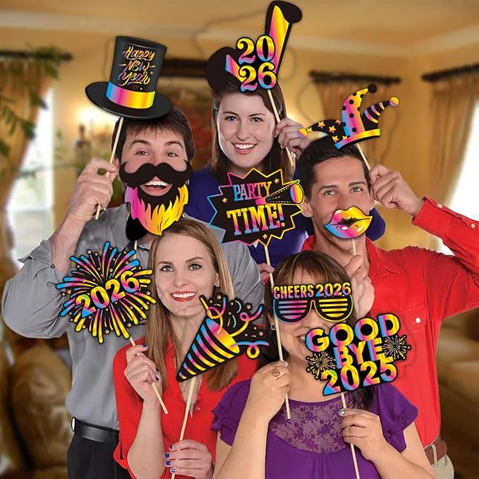 Glitter New Year’s Photo Booth Props 2026 - Pack of 30 | Eve 2026, Happy Decorations Party Supplies