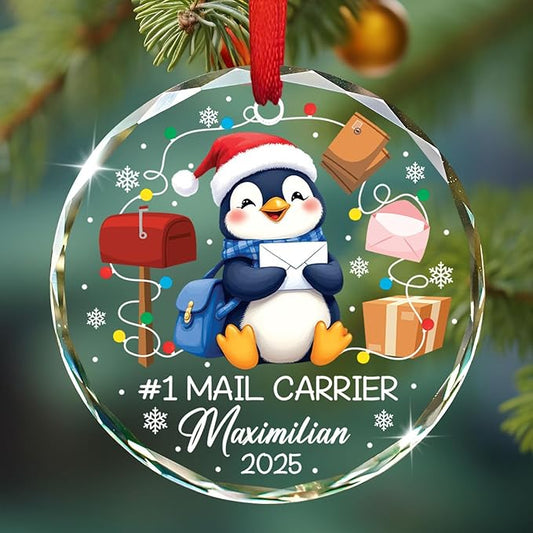 Personalized #1 Mail Carrier Christmas Glass Ornament, Best Mail Carrier Ever Ornament for Xmas Tree Decor, Custom Name Mailman Penguin Ornaments Xmas 2025, Postal Worker Christmas Keepsake Gift