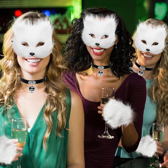 BADALU Therian Mask and Tail Set Cat Mask for Girls Halloween Furry Mask Fox Mask Wolf Tail Cat Costume Leather Choker Faux Fur Tail Cosplay Party