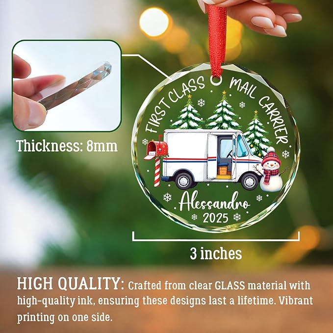 Personalized First Class Mail Carrier Christmas Glass Ornaments, Mail Truck Xmas Ornament 2025, Postman Mailman Postal Worker Christmas Ornament Keepsake Gift, Custom Name & Year for Xmas Tree Decor