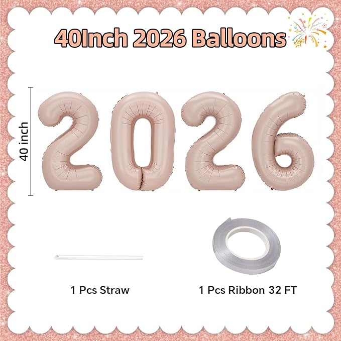KALOR 42 Inch 2026 Pastel Pink Foil Mylar Number Balloons, Giant 2026 New Years Decorations for 2026 Happy New Year Eve and Graduations Party Supplies