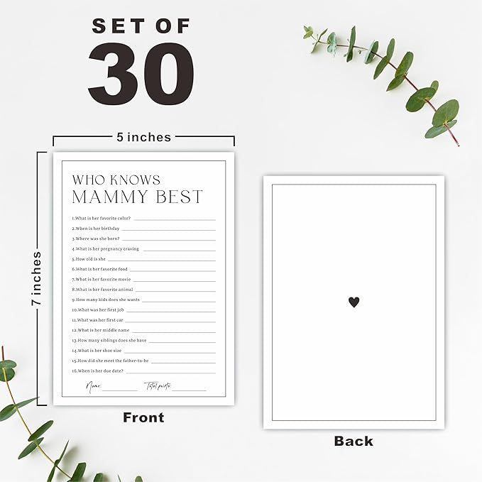 5" X 7" Baby Shower Party Games-Set Of 30 Minimalism Black & White-Who Knows Mammy Best Game For Guest-Wishes For Baby-Baby Announcement Gender Reveal Game Card 05