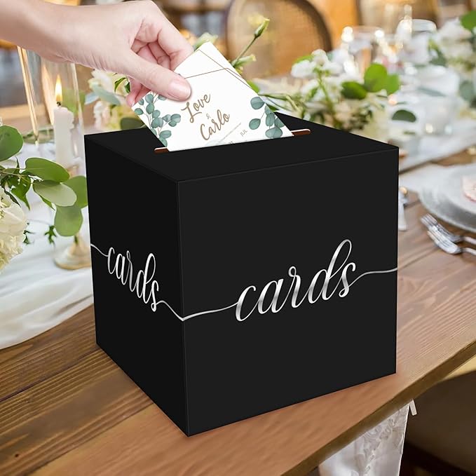 1 Pack Black and Silver Foil Card Box for Party, 8.7" Black Gift Card Box Money Box for Birthday, Wedding, Baby Shower, Retirement, Anniversary, Bridal Shower, Raffle Ticket